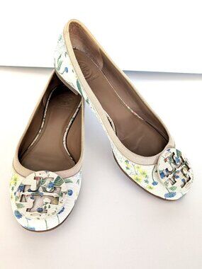 Cream leather with floral print ballet flats
